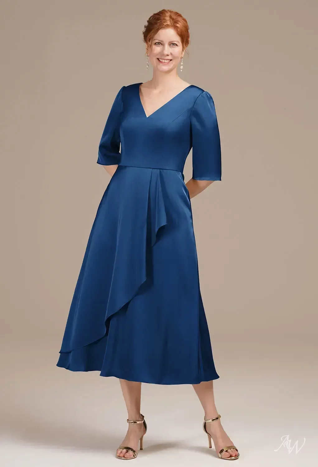AW Zephyrine Dress, Deep Claret Satin Charmeuse Tea Length V-Neck